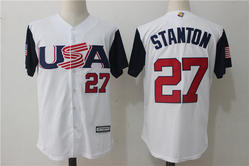 Men USA Baseball #27 Giancarlo Stanton Majestic White 2017 World Baseball Classic Authentic Jersey->more jerseys->MLB Jersey